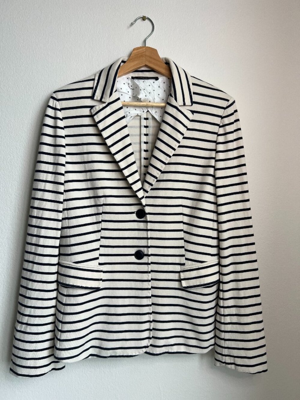 Weekend Max Mara Striped Cotton Blend Blazer Navy White Nautical‎ Star Lining XL